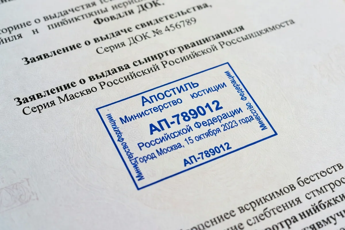 Gros plan sur un tampon apostille carré numéroté apposé au dos d'un acte officiel russe