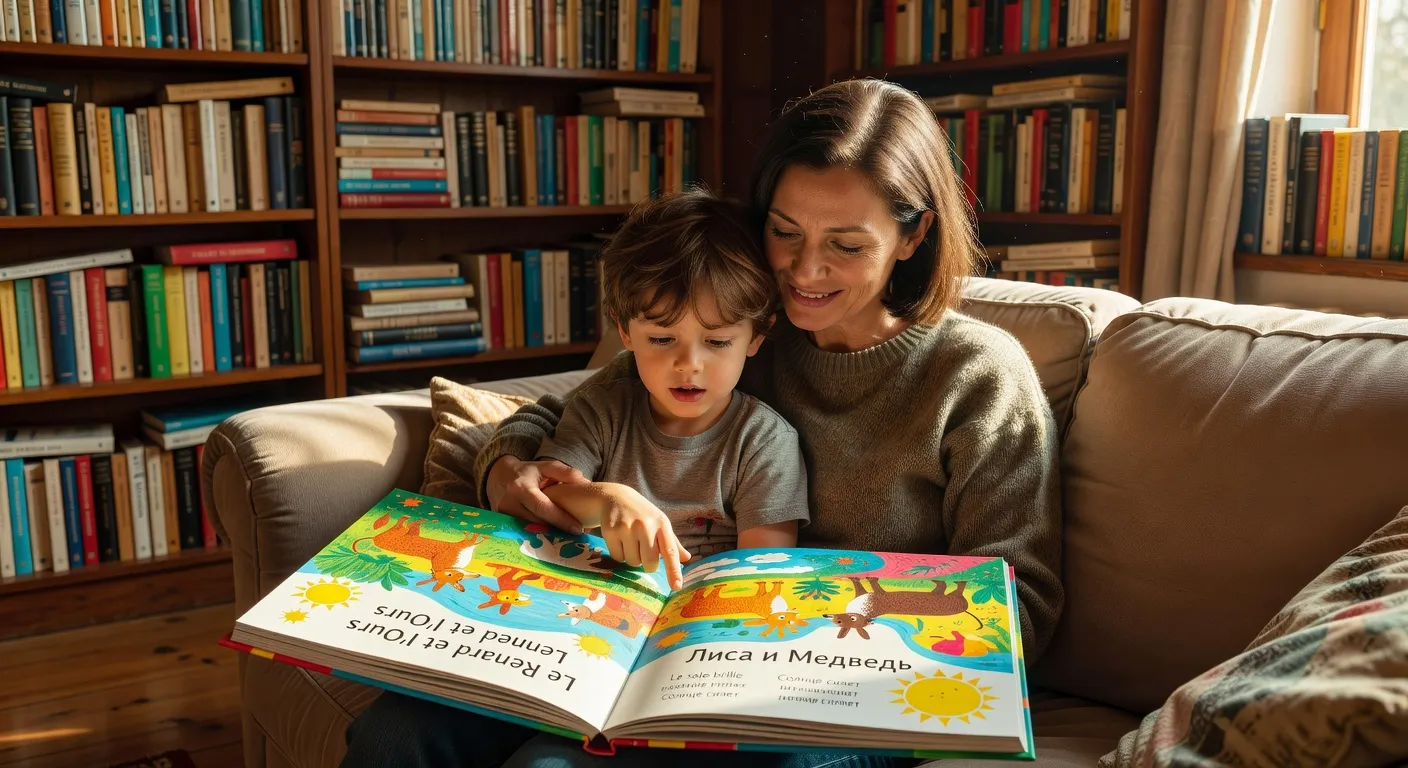 Parent et enfant lisant un livre bilingue russe-français ensemble