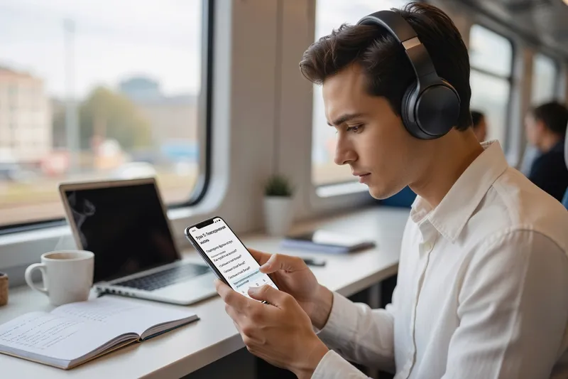 Personne écoutant un podcast en russe dans le train avec un cahier de vocabulaire