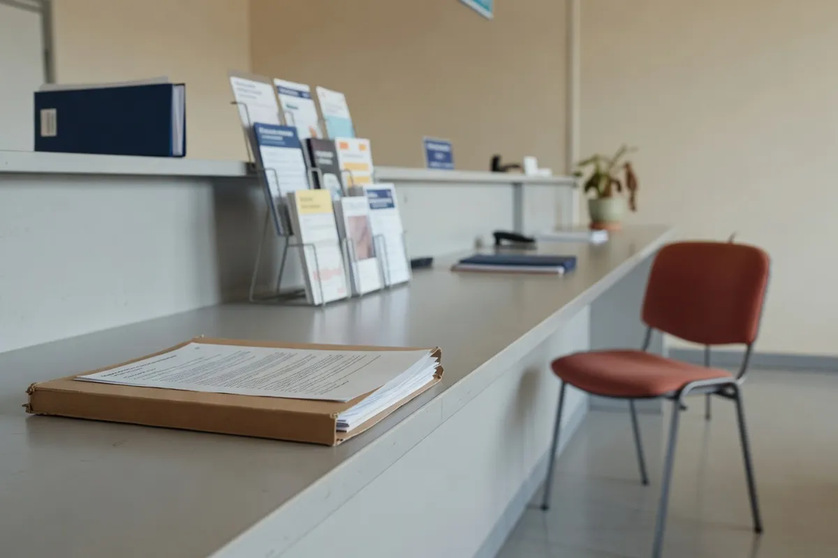 Guichet d'accueil d'une caisse d'allocations familiales avec un dossier de pièces justificatives traduites posé sur le comptoir