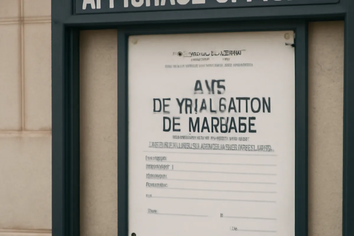 Panneau d'affichage officiel de mairie française avec un avis de publication de mariage
