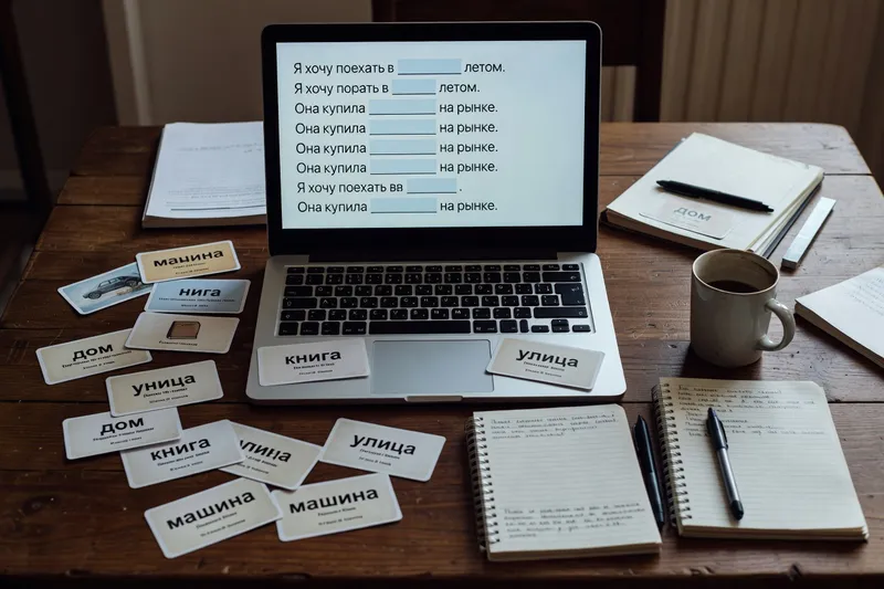 Interface Clozemaster exercice de vocabulaire russe avec phrase à trous en cyrillique
