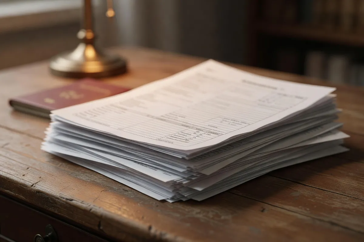 Documents de carrière russes, bulletins de salaire et attestations d'employeur étalés sur une table de travail