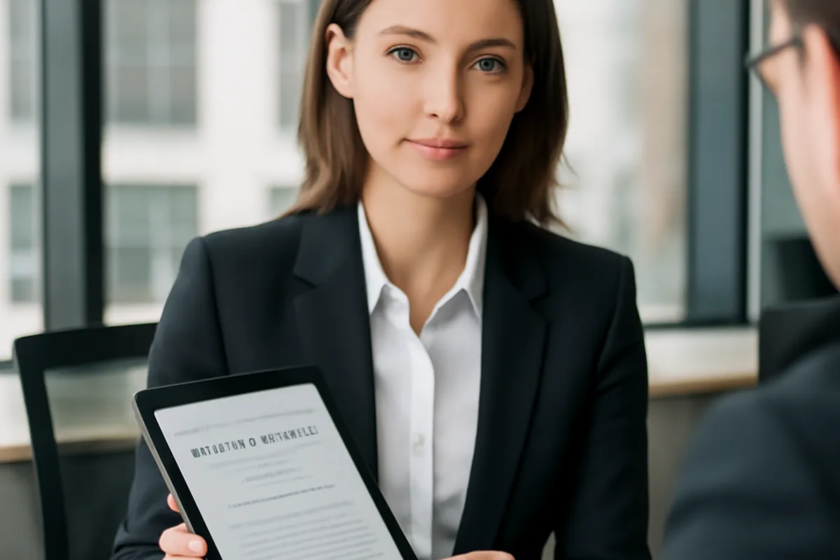 Présentation d'un dossier de dépôt de brevet international sur tablette en réunion de travail