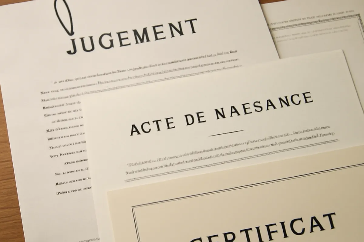 Documents officiels d'adoption superposés avec soin : jugement, acte de naissance, certificat