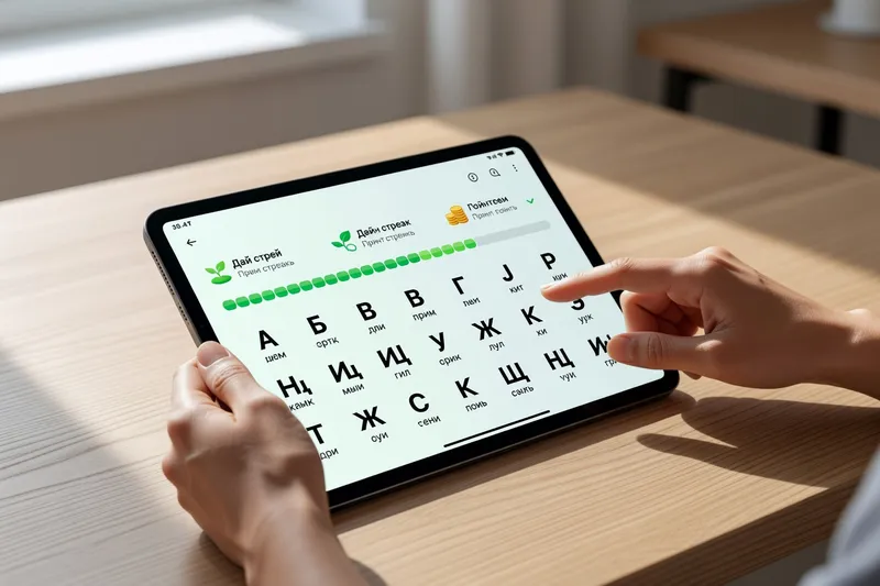 Interface Duolingo cours de russe avec exercice de cyrillique