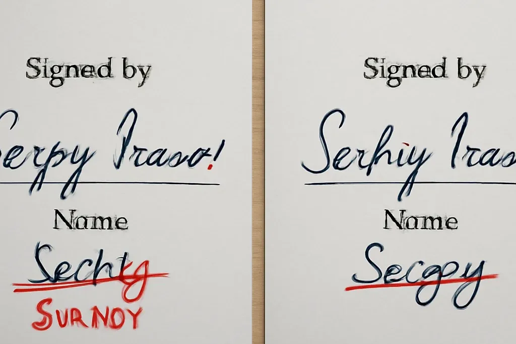 Deux documents montrant une même signature avec deux orthographes différentes soulignées au stylo rouge