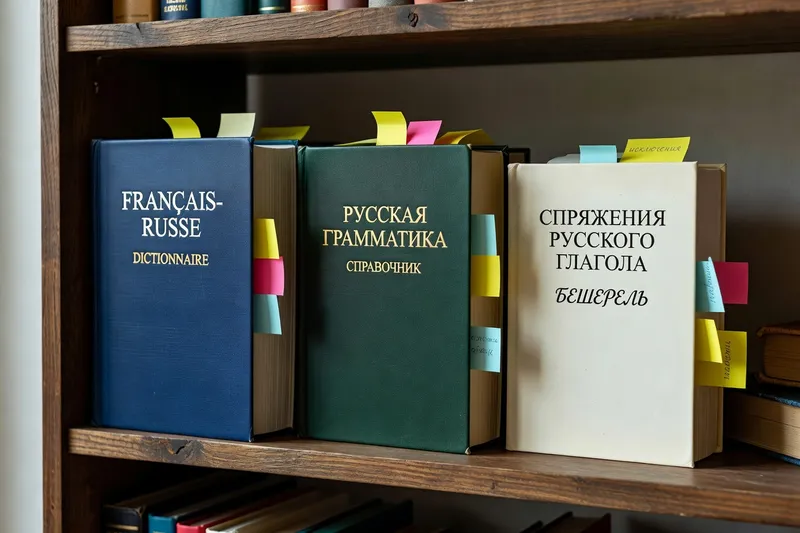 Grammaires et dictionnaires russes-français sur une étagère avec post-its de révision
