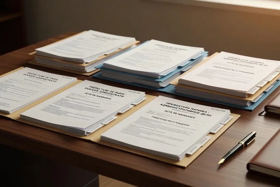 Dossier organisé de documents d'immigration russes traduits avec traductions certifiées et apostilles