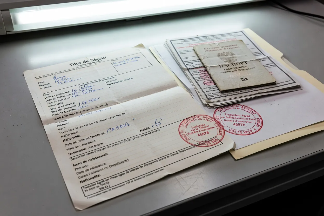 Formulaire de titre de séjour français avec documents russes traduits et tampon traducteur assermenté