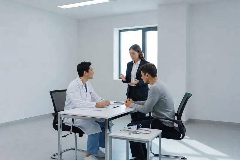 Interprète russe facilitant une consultation médicale entre médecin et patient russophone