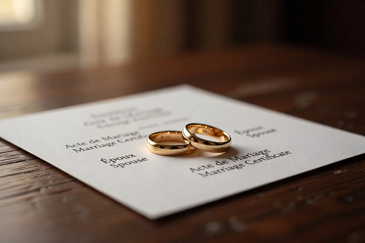 Alliances de mariage posées sur un document officiel bilingue