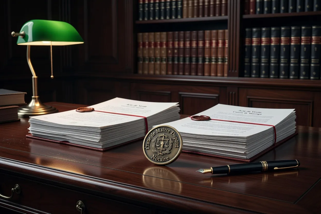 Bureau de notaire avec des actes officiels et un sceau