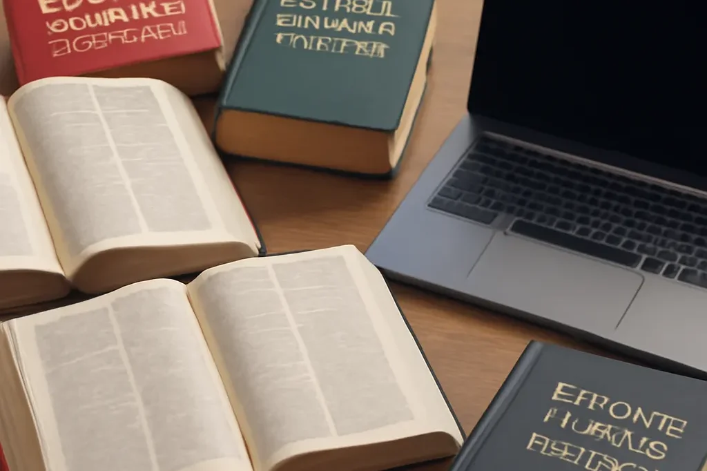 Bureau de traducteur avec dictionnaires papier à côté d'un ordinateur portable moderne