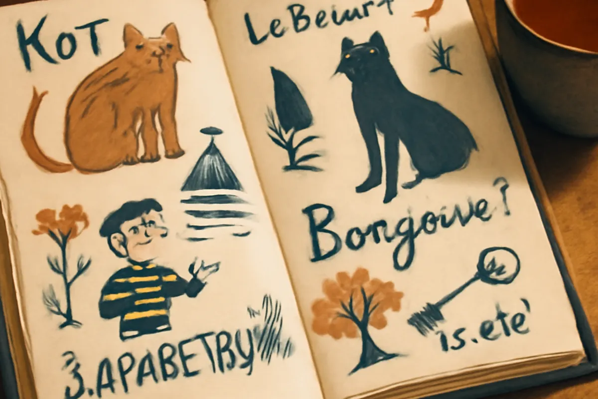 Album illustré jeunesse russe ouvert avec traduction française manuscrite en marge