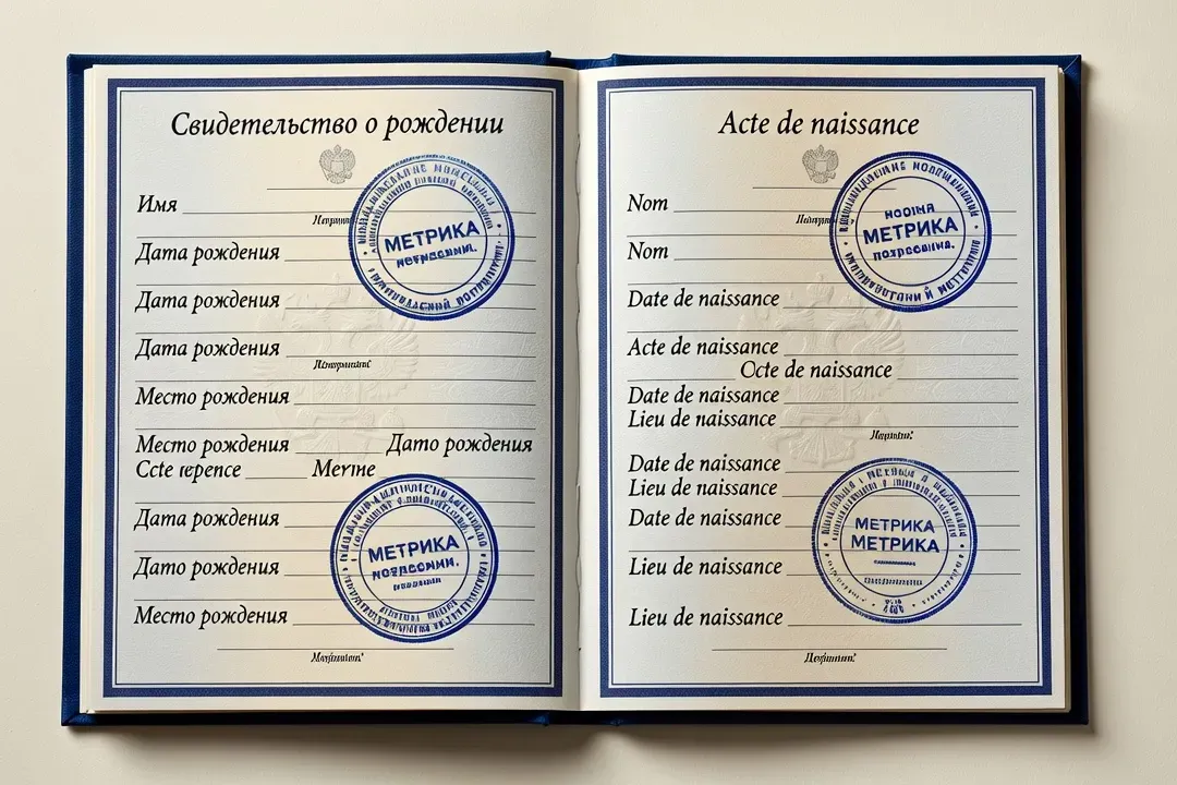 Acte de naissance russe (метрика) en cyrillique avec traduction française officielle côte à côte