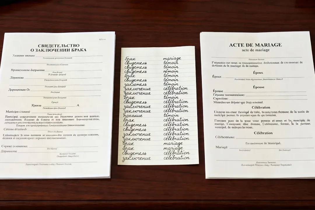 Acte de mariage russe (свидетельство о браке) et acte de mariage français posés côte à côte avec notes de vocabulaire