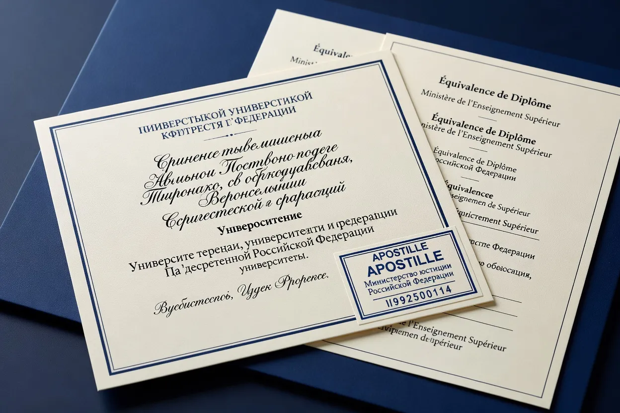Tampon apostille officiel sur un diplôme russe avec sceau du Ministère de l'Éducation