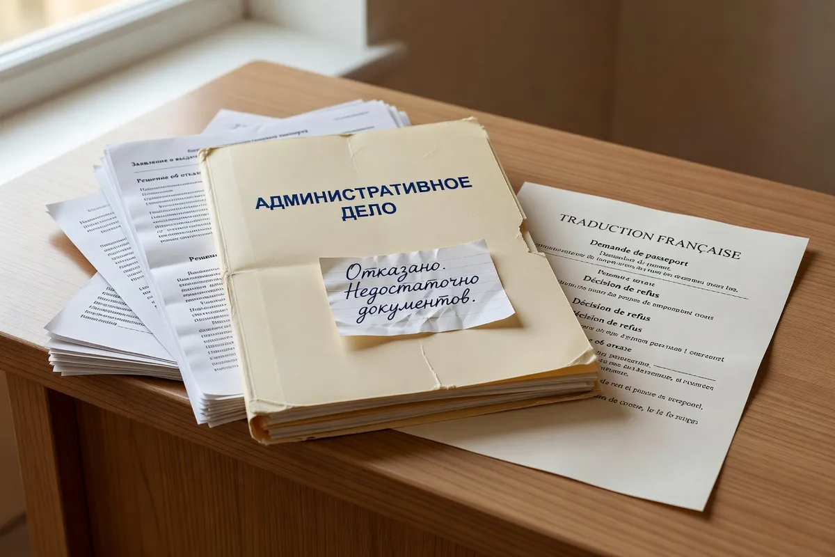 Dossier administratif russe posé sur un comptoir avec une note de rejet manuscrite glissée entre les pages