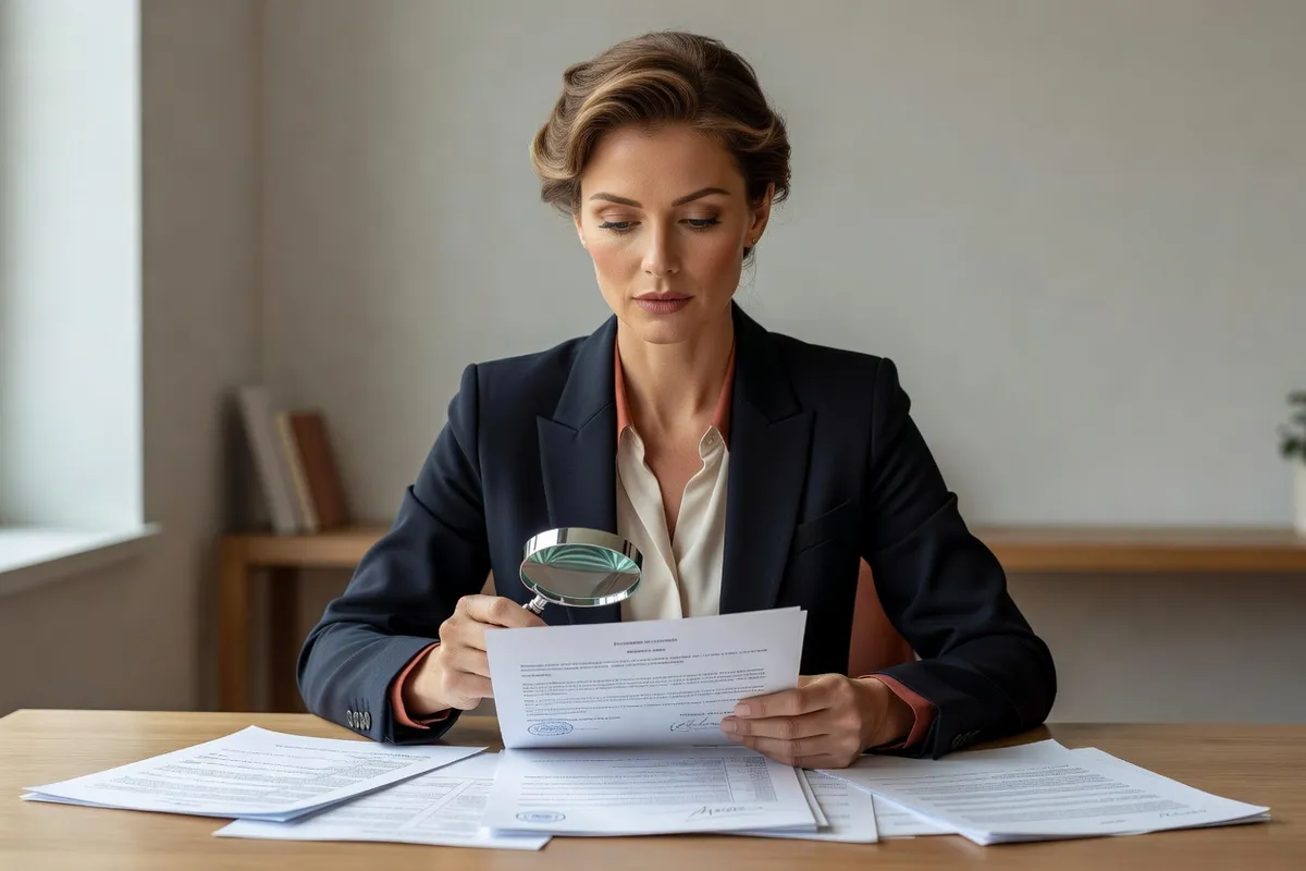 Femme examinant à la loupe le cachet et la signature apposés au bas d'une traduction assermentée