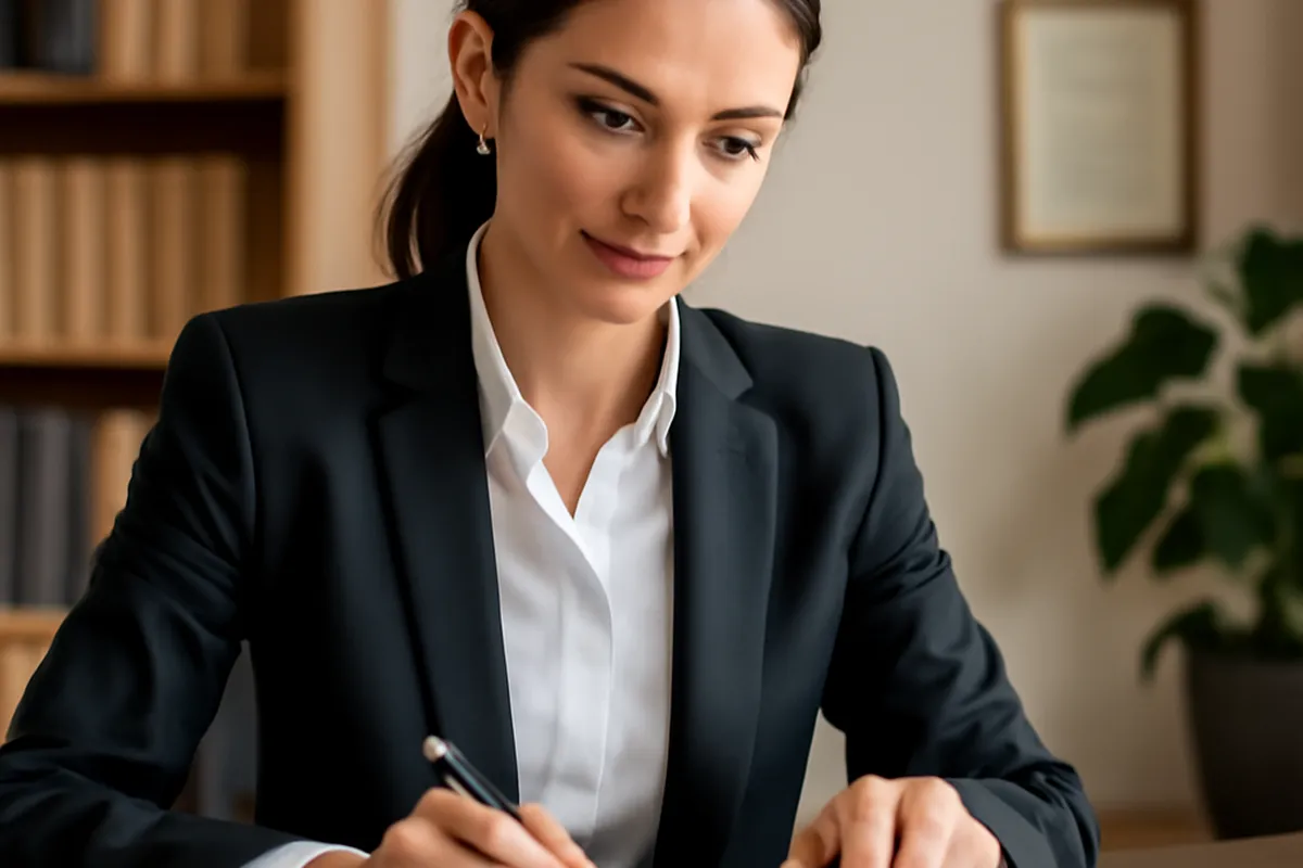 Traductrice apposant sa signature et son tampon officiel sur une traduction de document d'adoption