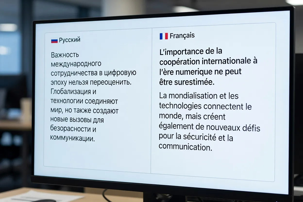 Écran d'ordinateur affichant une interface de traduction avec du texte cyrillique et sa traduction française