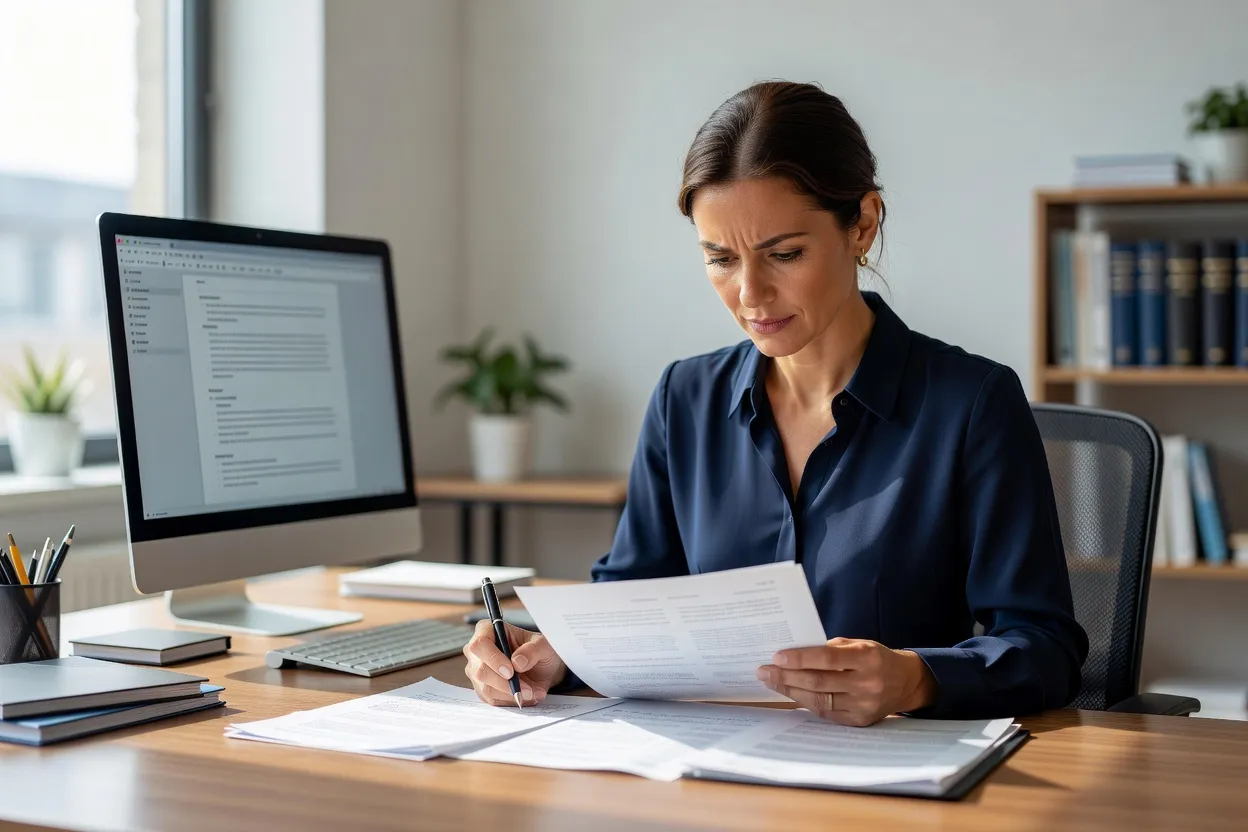Traductrice professionnelle comparant et corrigeant un document imprimé à côté de son écran
