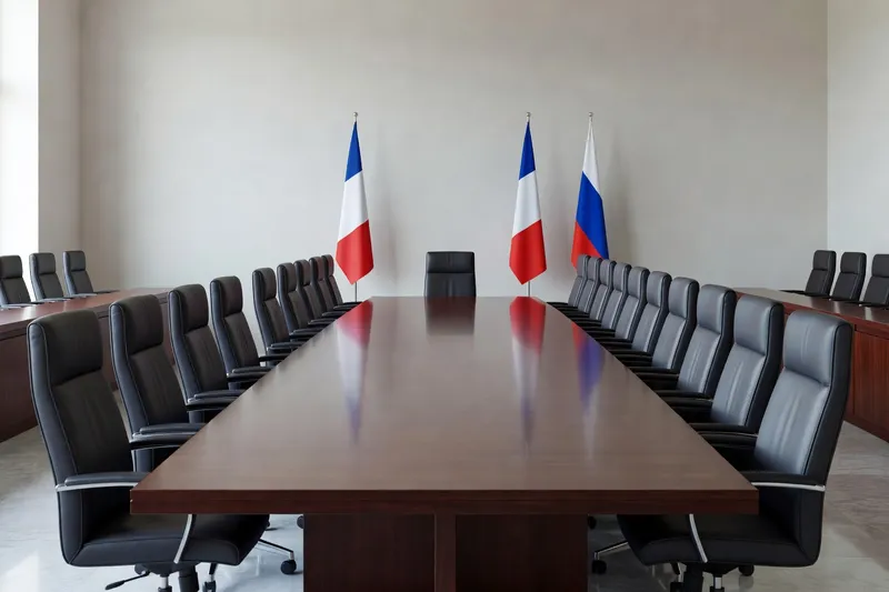 Salle d'arbitrage international vide avec drapeaux et table de conférence