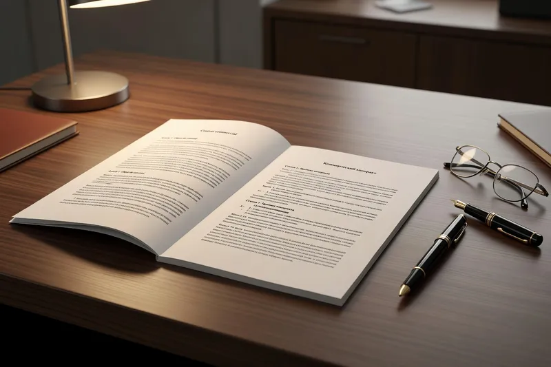 Contrat bilingue français-russe ouvert sur un bureau avec stylo et lunettes de lecture