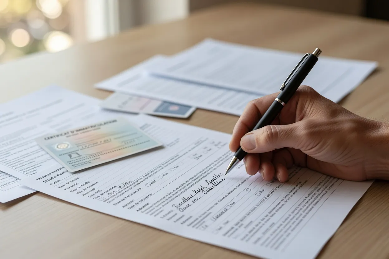 Main remplissant un formulaire administratif français avec un stylo