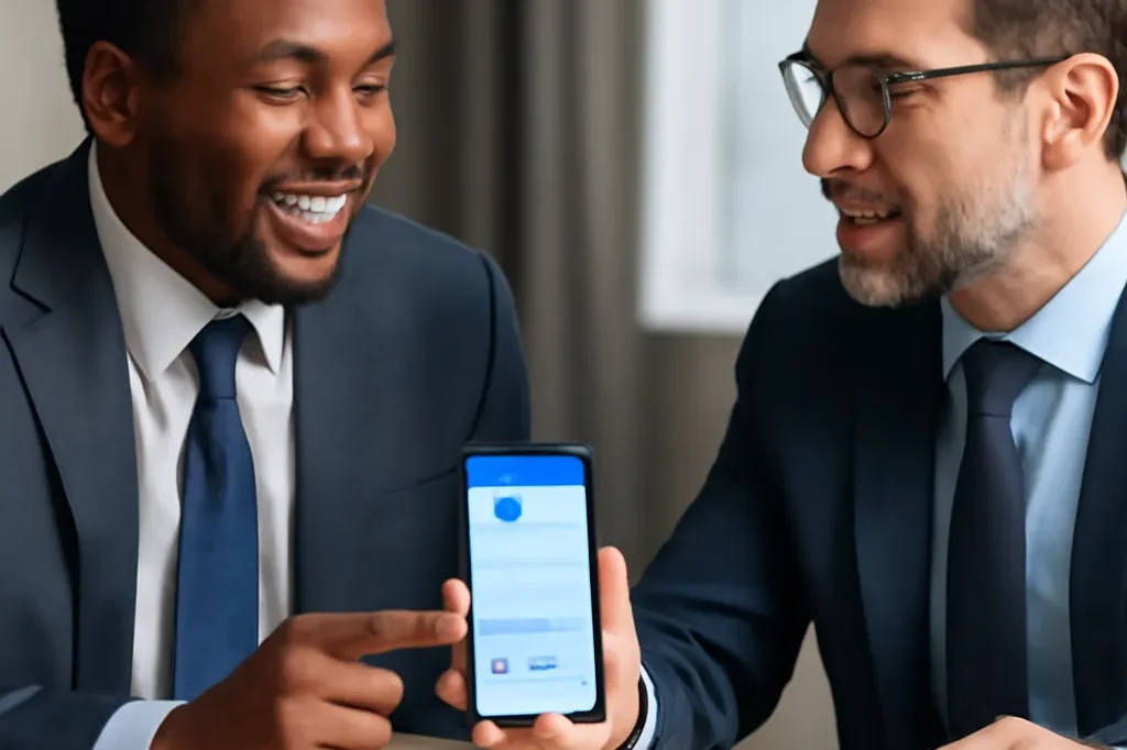 Deux professionnels en réunion d'affaires, l'un tenant un smartphone avec une application de traduction