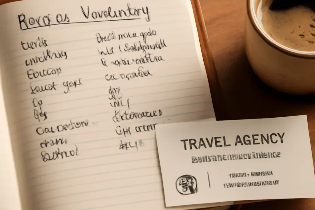 Carnet de voyage ouvert avec des notes de vocabulaire russe et une carte de visite bilingue