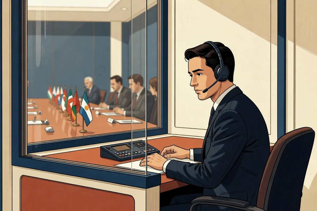 Cabine d'interprétation simultanée avec casque lors d'une négociation diplomatique