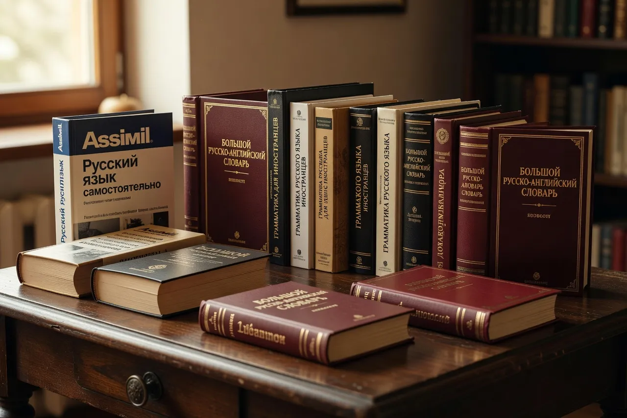 Sélection de livres pour apprendre le russe posés sur une table avec alphabet cyrillique