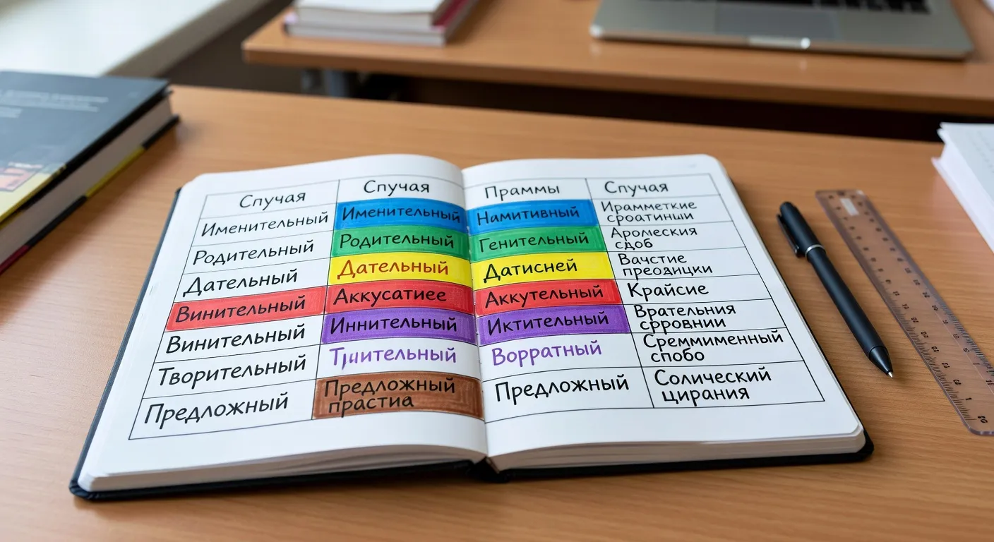 Cahier d'exercices de grammaire russe avec tableau des 6 cas grammaticaux et exemples en cyrillique