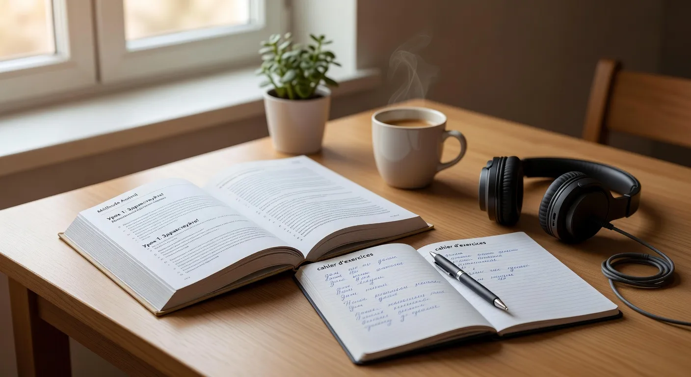 Progression d'apprentissage du russe adulte : livres Assimil et cahier d'exercices ouverts sur un bureau