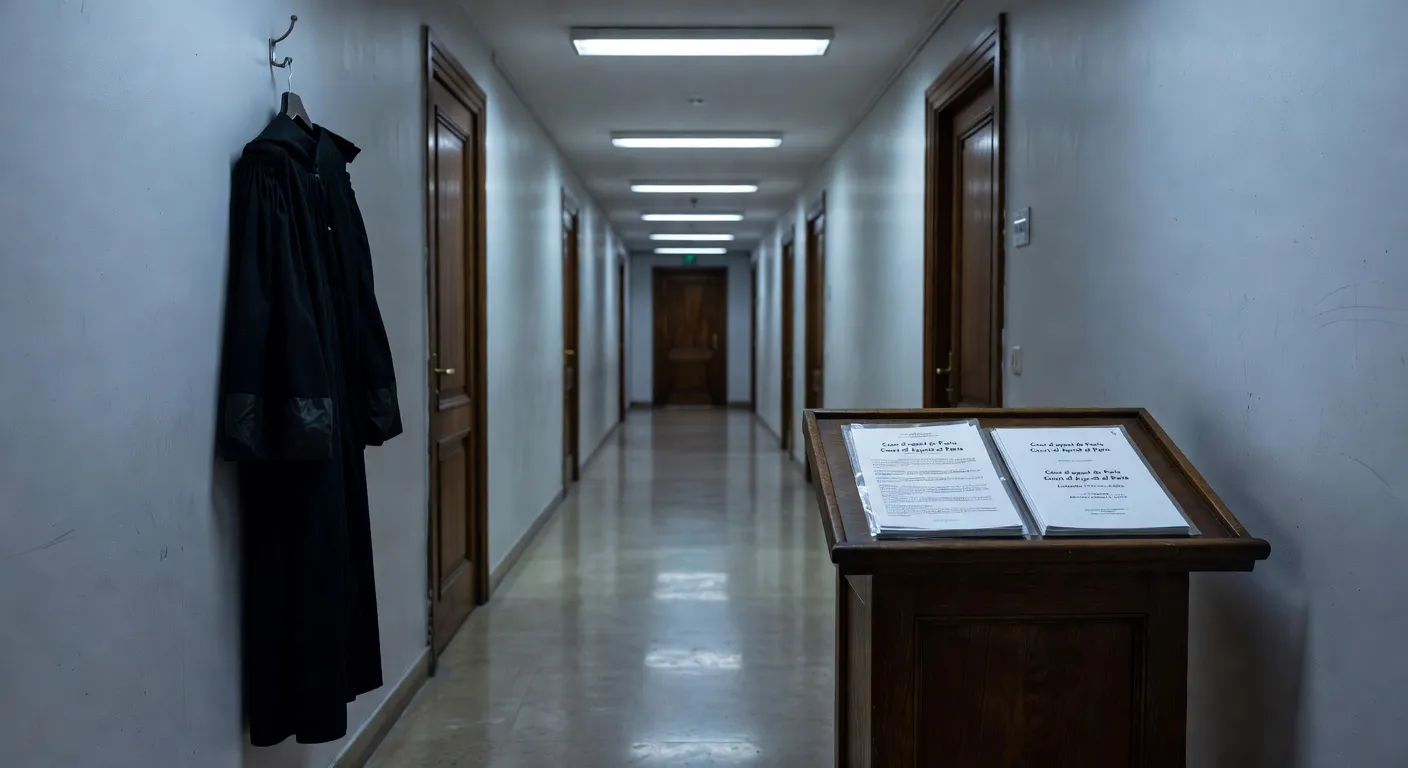 Interprète russe en audience judiciaire avec robe et documents bilingues