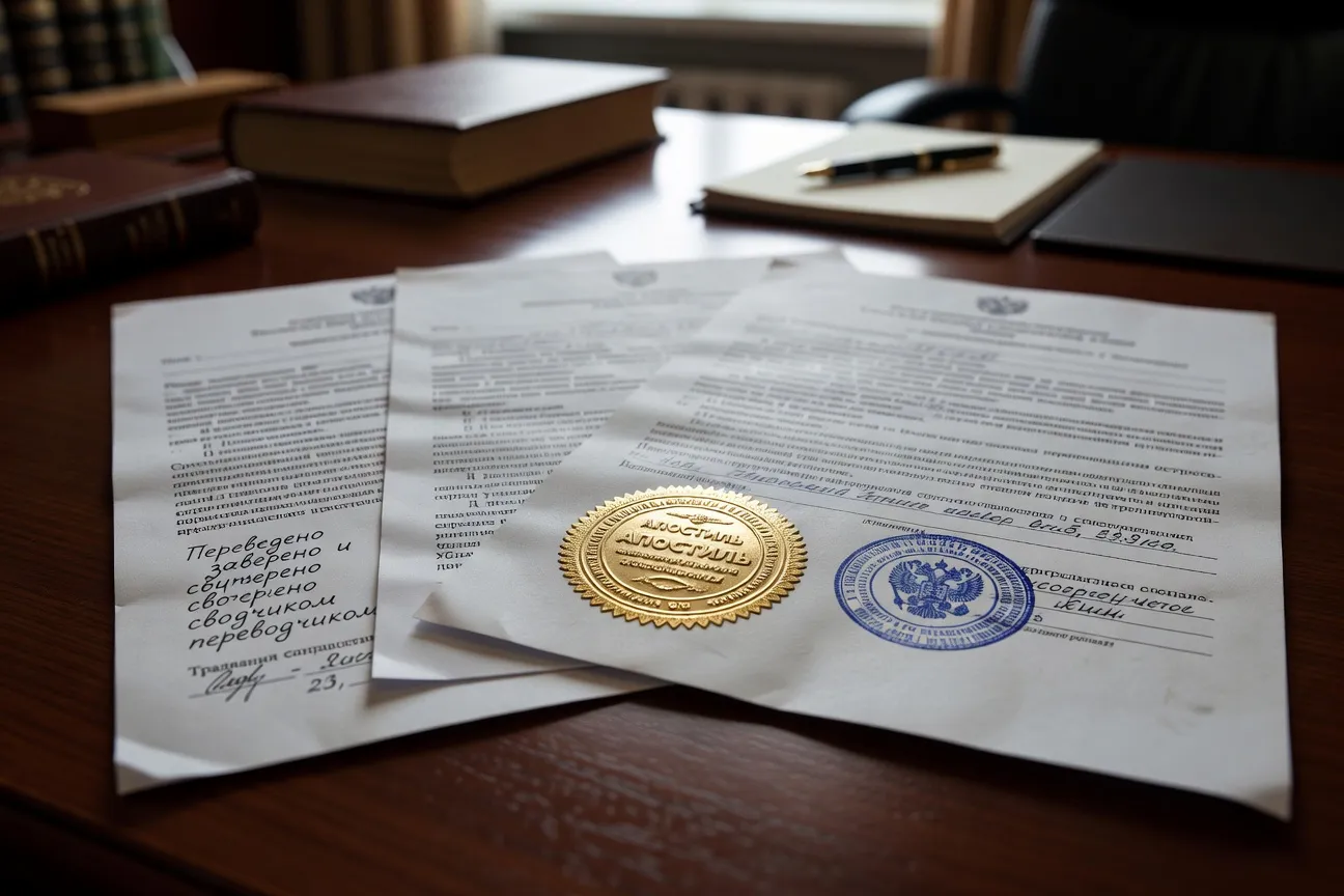Documents administratifs russes avec apostille officielle et tampon de traducteur assermenté