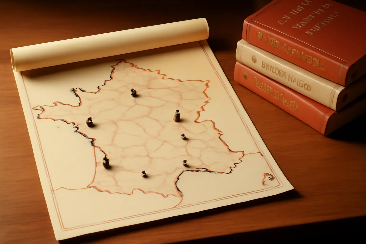 Carte stylisée de France avec épingles sur les grandes villes et livres de traduction russe-français