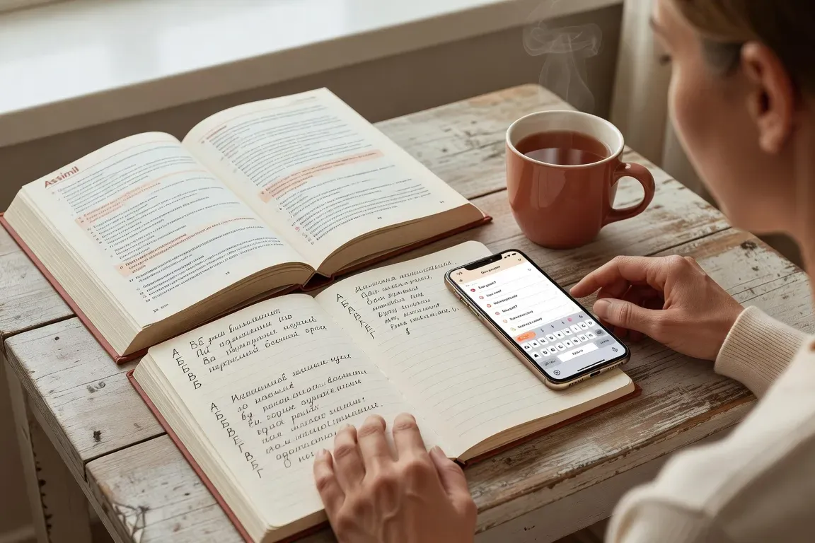 Adulte apprenant le russe avec cahier cyrillique et application