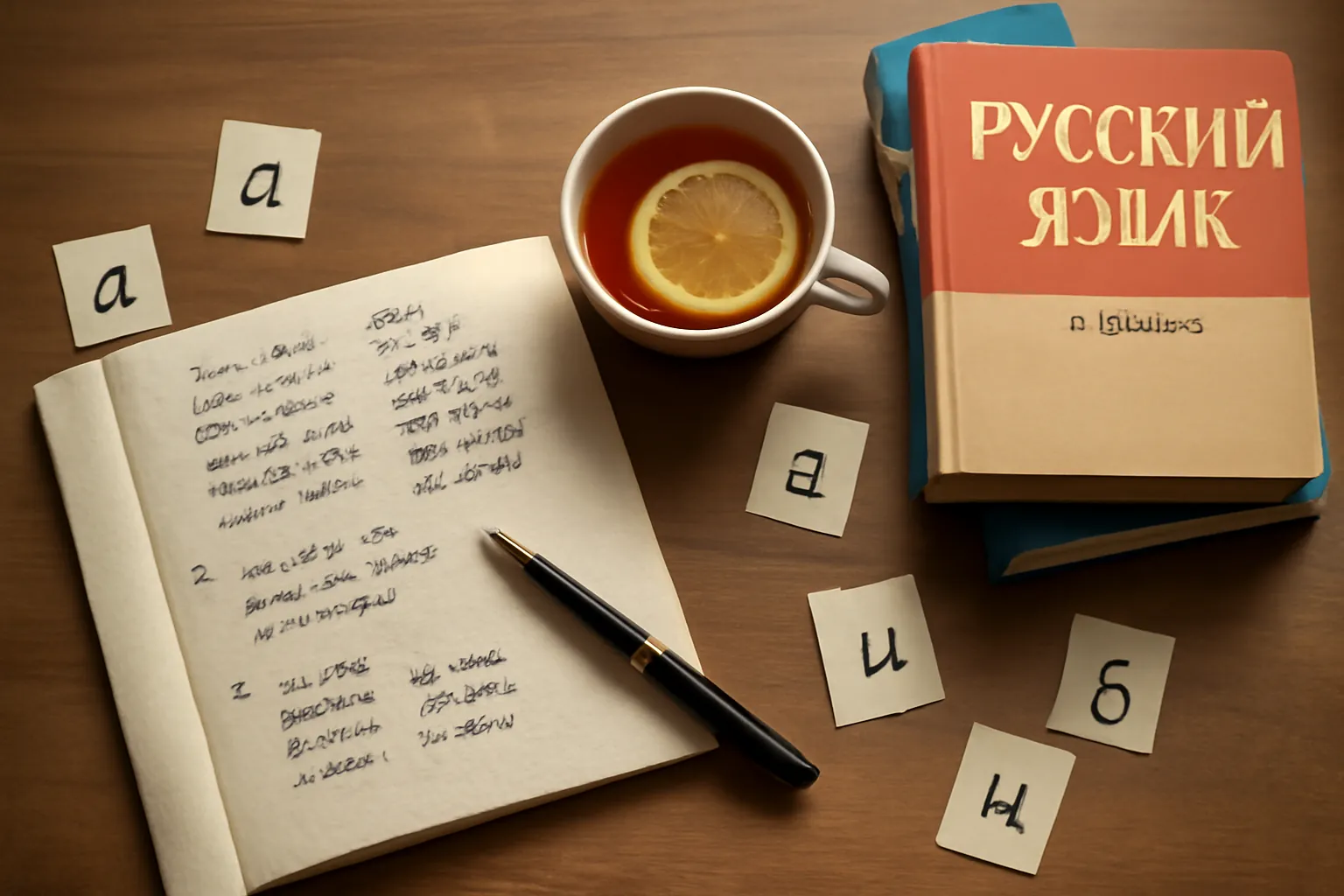 Cahier d'exercices de russe manuscrits en cyrillique avec stylo et tasse de thé