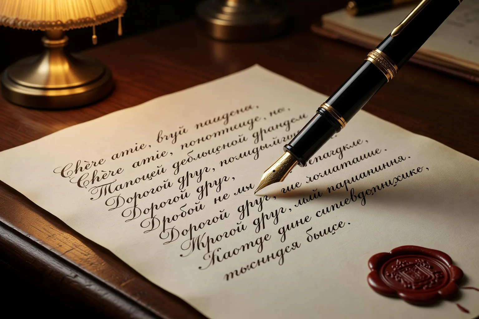 Plume d'écriture calligraphique et lettre mêlant français et russe sur papier ivoire