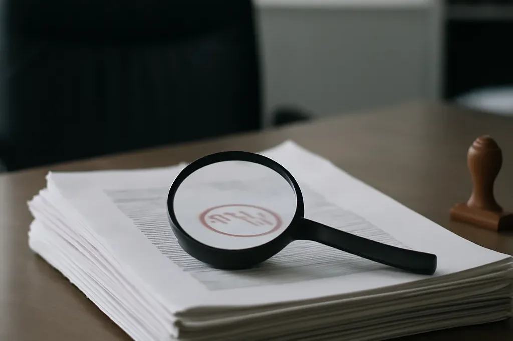 Bureau d'administration avec une pile de documents officiels tamponnés et une loupe