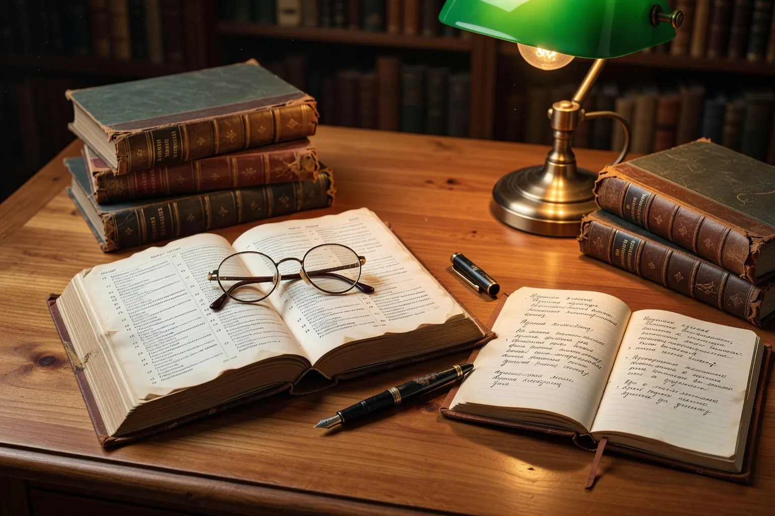 Dictionnaire russe-français ouvert sur un bureau d'étude, lampe de bibliothèque et carnet manuscrit