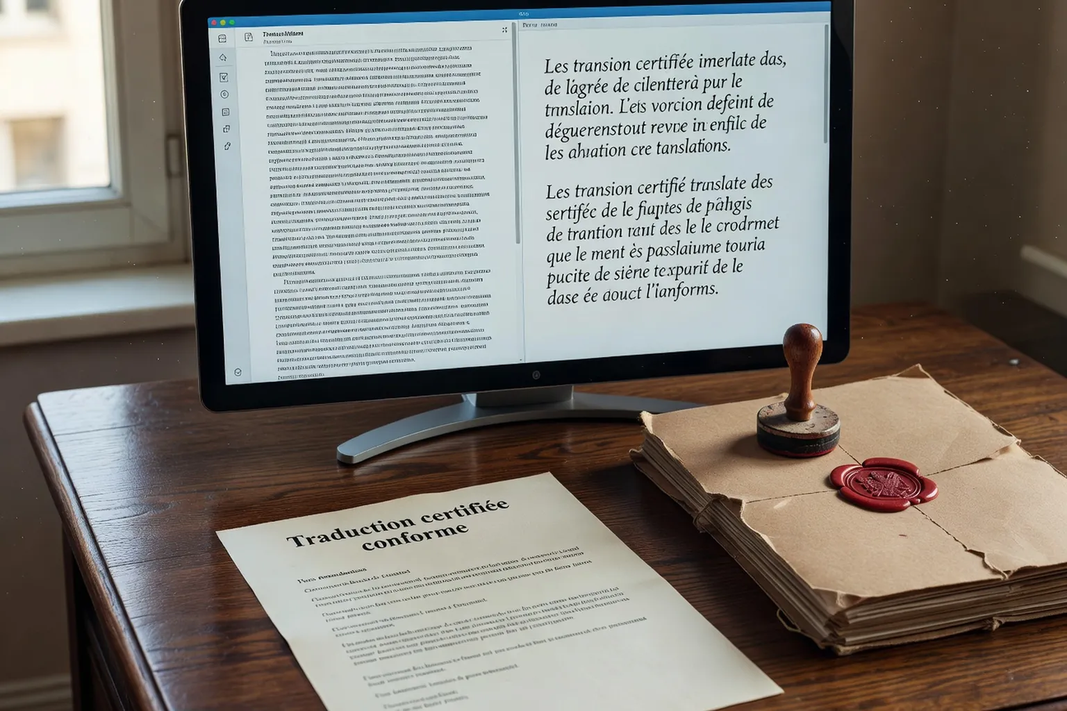 Bureau de traducteur professionnel avec écran affichant un texte bilingue russe-français et tampon officiel