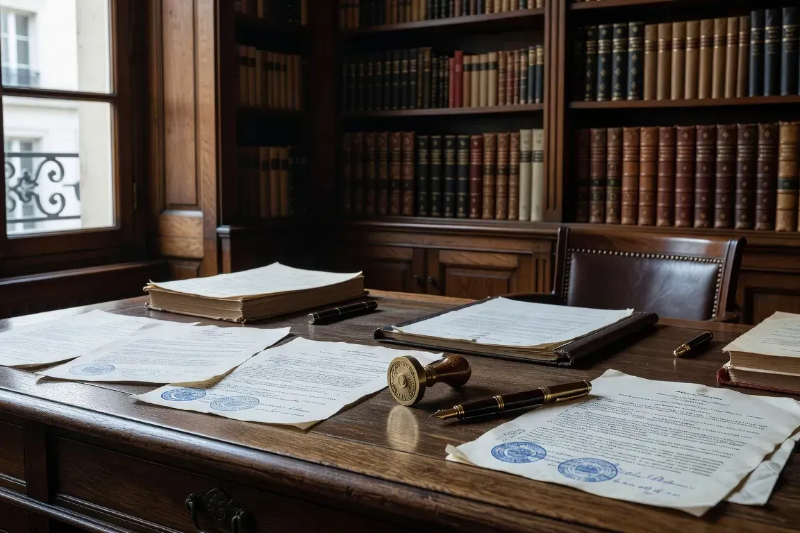 Bureau de traducteur avec documents officiels russes et tampon assermenté