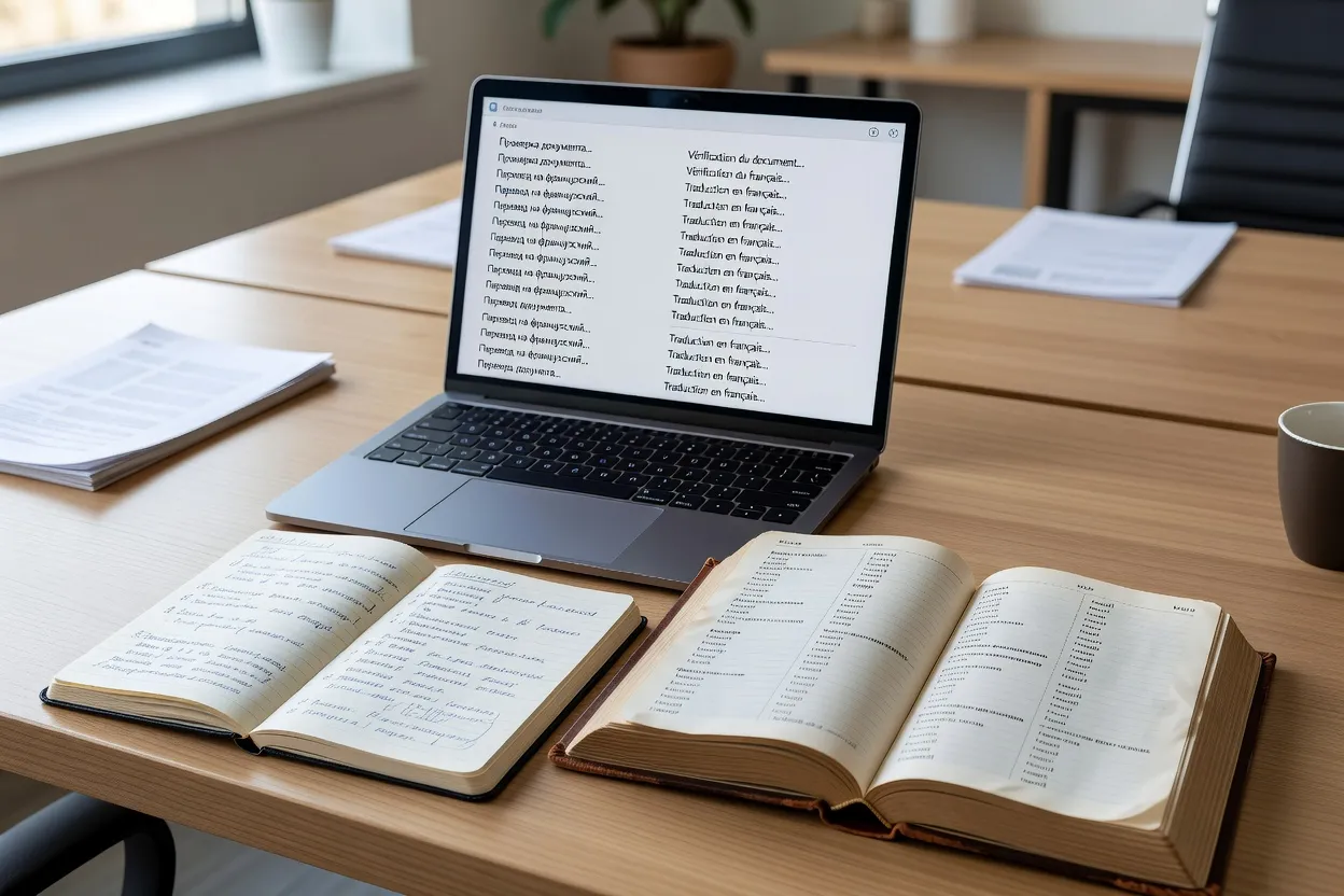 Dictionnaire russe-français ouvert à côté d'un ordinateur portable affichant un texte en cours de traduction