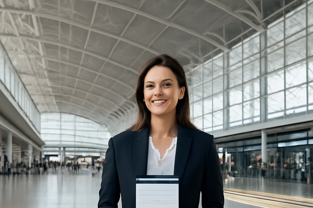 Femme d'affaires élégante dans un aéroport moderne avec une tablette affichant une application de traduction